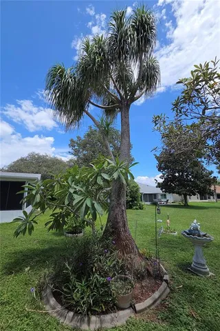 a view of a garden with a building in the background