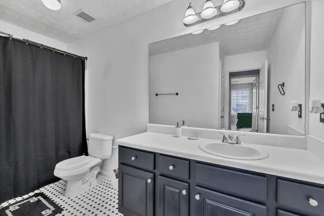 a bathroom with a double vanity sink toilet and a mirror
