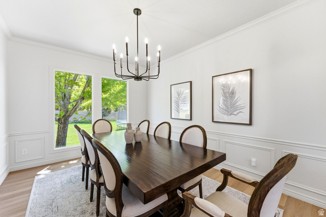 1712 Somerset Ridge Drive Draper, UT 84020 - Photo 14 of 76 Dining area featuring a contemporary chandelier, crown molding, and wainscoting