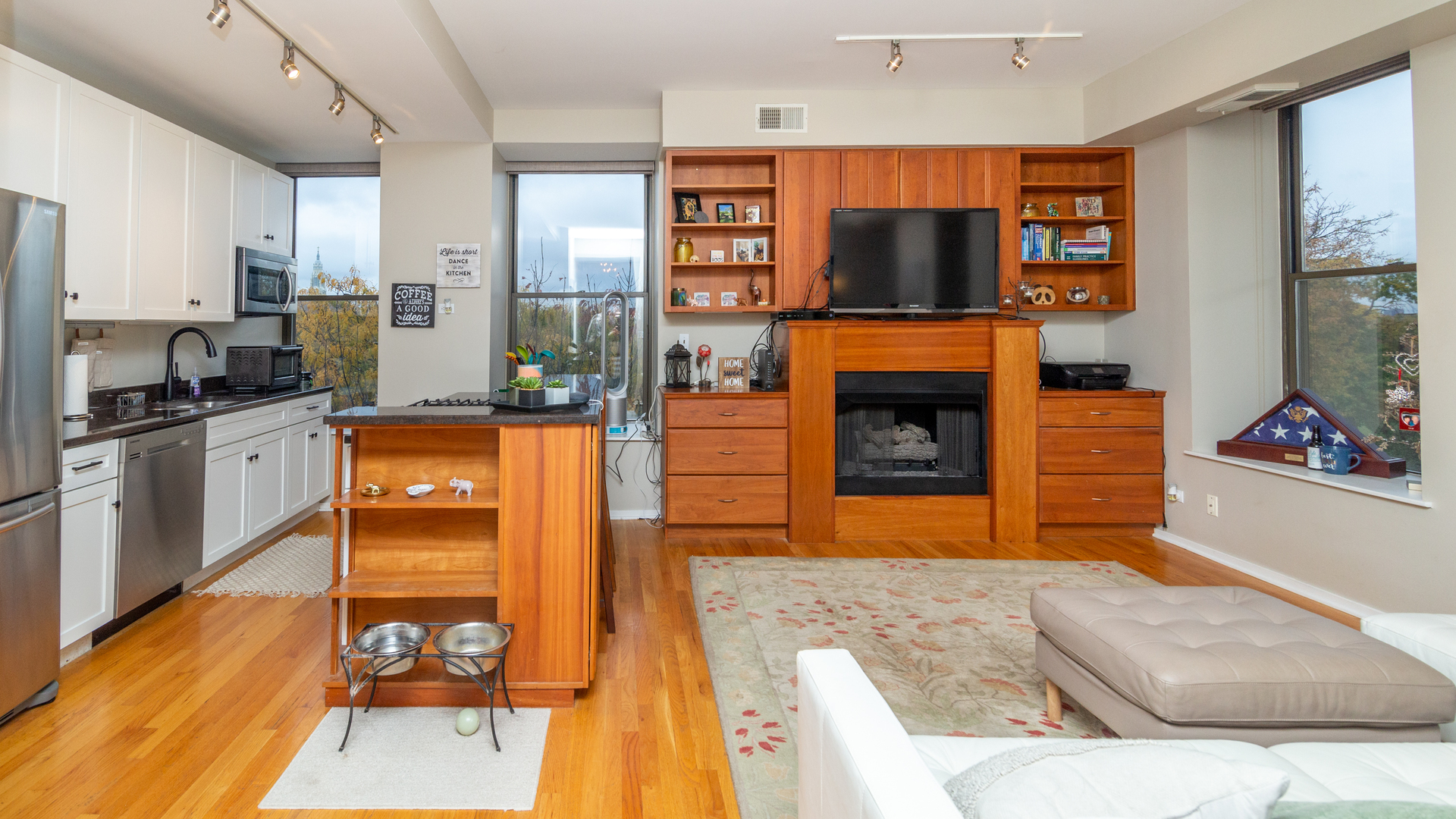 811 South Lytle Street, Unit 319 Chicago, IL 60607 - Photo 3 of 29 a living room with stainless steel appliances furniture a fireplace a flat screen tv and a kitchen view