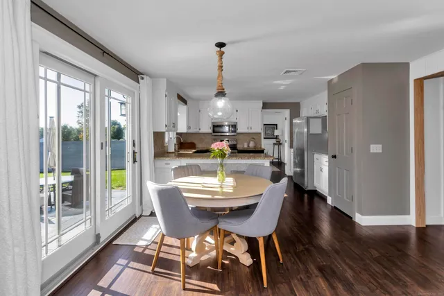 a view of a dining room with furniture window and wooden floor