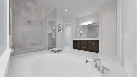 a spacious bathroom with a sink a toilet and shower
