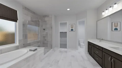 a spacious bathroom with a granite countertop sink mirror and shower