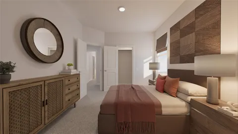 a bedroom with a bed and a mirror