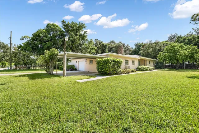 a view of a house with a big yard and a large tree