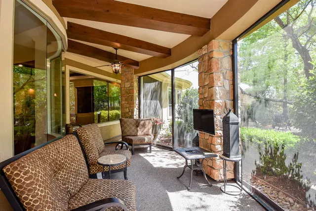 a building outdoor space with patio furniture