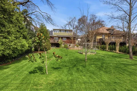 a view of a house with a big yard and potted plants and large trees