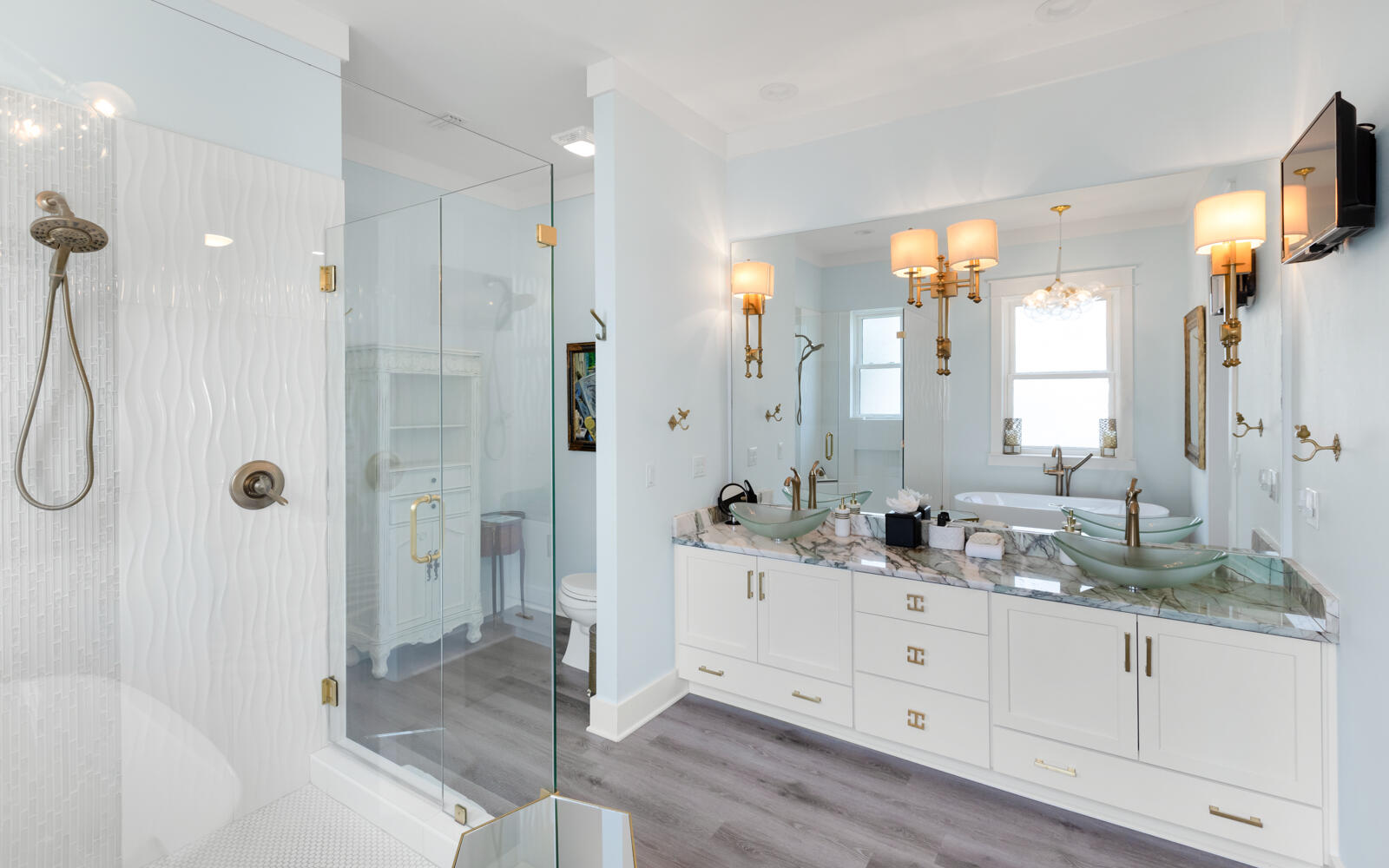 75 Pelayo Avenue Santa Rosa Beach, FL 32459 - Photo 45 of 67 a bathroom with a double vanity sink mirror and shower