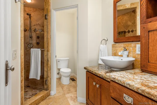 a bathroom with a granite countertop sink toilet and shower