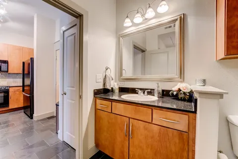 a bathroom with a sink vanity and a mirror