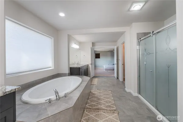 a bathroom with a tub shower sink and mirror