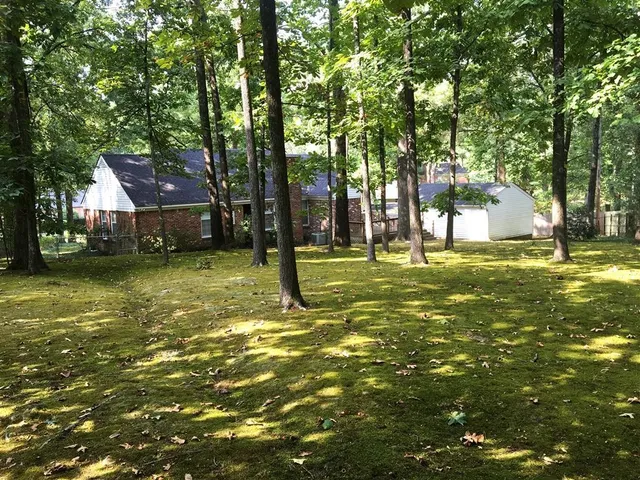 a swimming pool with trees in the background