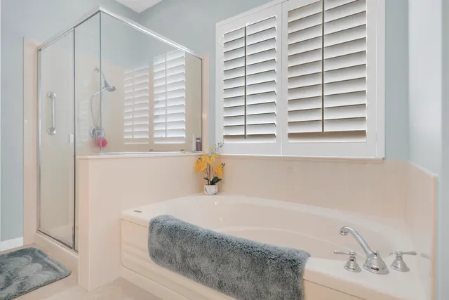 a bathroom with a bathtub and a shower