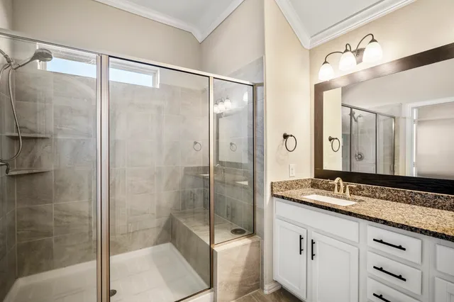 a bathroom with a granite countertop sink a mirror and a shower