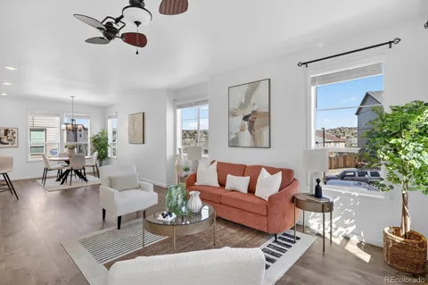 a living room with furniture a rug and a window