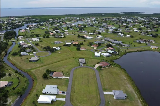 an aerial view of a pool