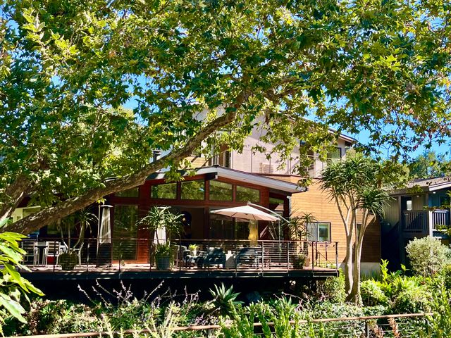 a view of a chairs and sign of a tree