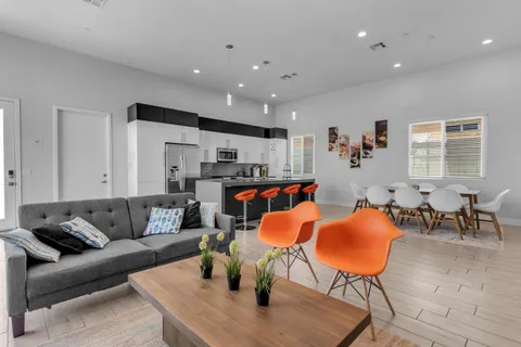 a view of a dining room with furniture