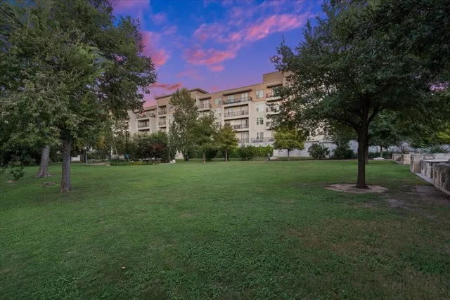 a view of a garden with a bench in the garden