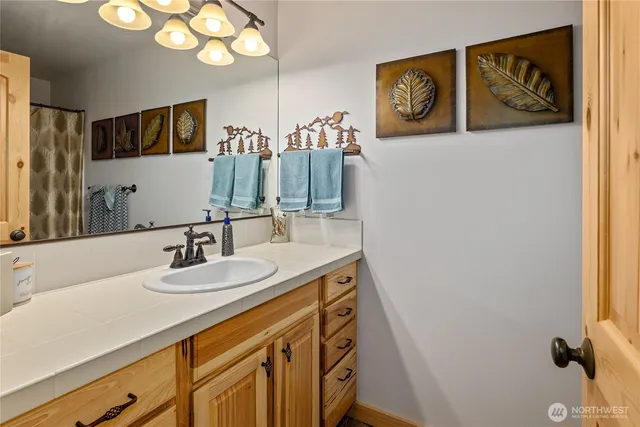 a bathroom with a sink and a mirror