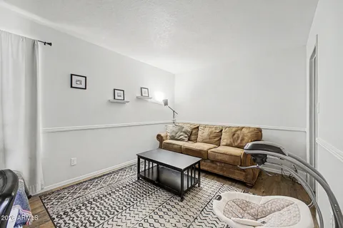 a living room with furniture and a rug