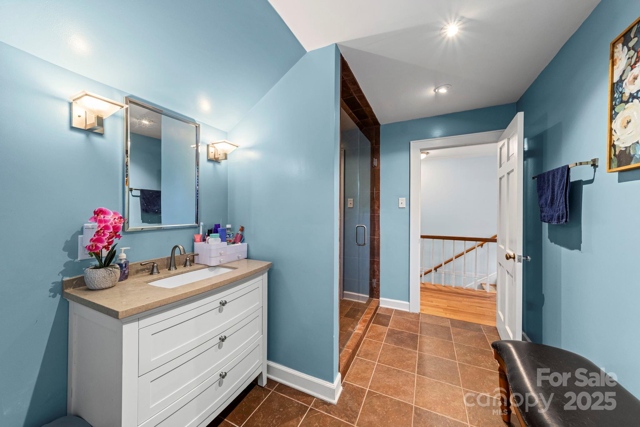 417 Park Ridge Road Albemarle, NC 28001 - Photo 37 of 48 a bathroom with a sink mirror and a shower