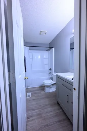 a bathroom with a double vanity sink toilet and shower