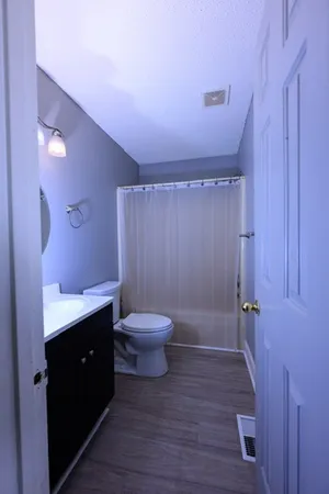 a bathroom with a sink a toilet a shower and a mirror
