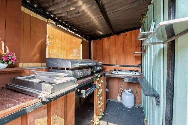 a view of backyard with wooden fence and large trees