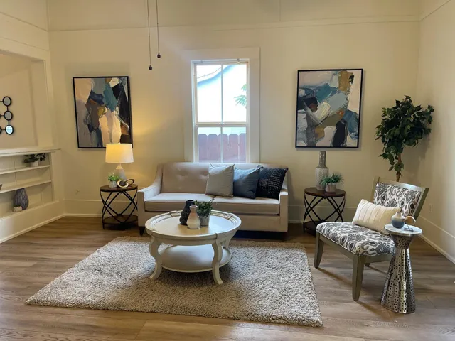 a living room with furniture and a potted plant