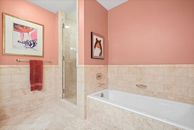 a bathroom with a bathtub and a shower