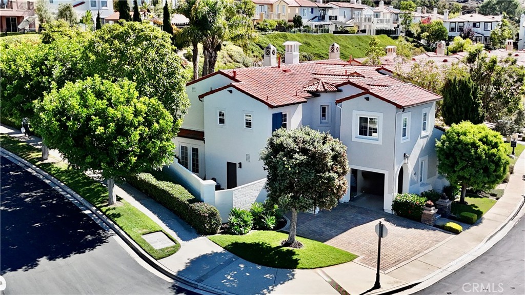 a aerial view of a house with yard and plants
