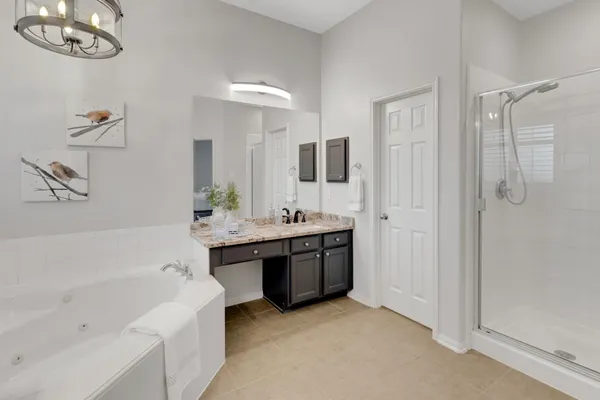 a bathroom with a tub a sink and a mirror