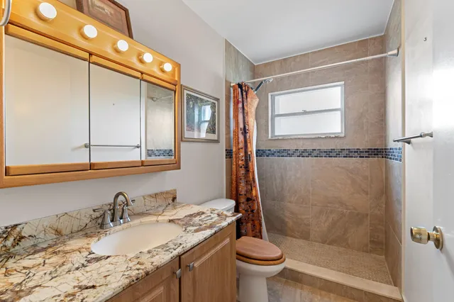 a bathroom with a granite countertop sink toilet and shower