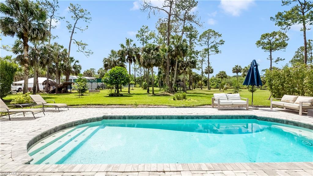 2920 24th Avenue Southeast Naples, FL 34117 - Photo 29 of 50 a view of a swimming pool with a bench and trees around