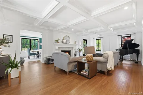 a living room with furniture two windows and a fireplace