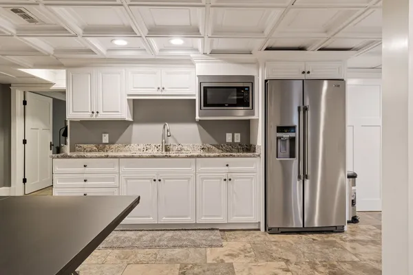 a view of a park with large trees