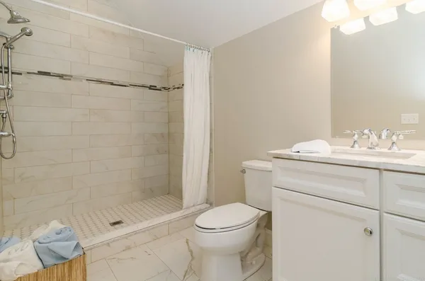 a bathroom with a shower a toilet and sink