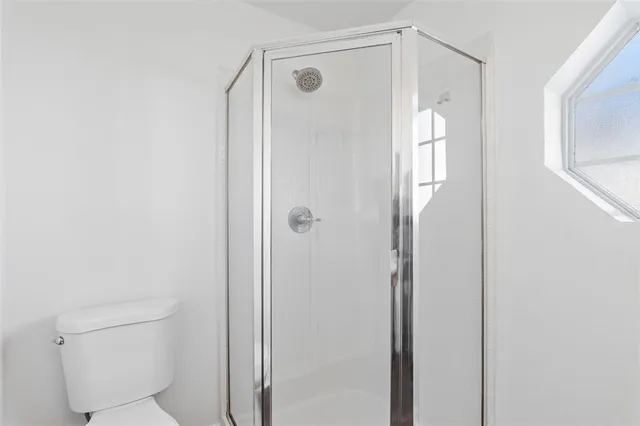 a bathroom with a shower and a toilet