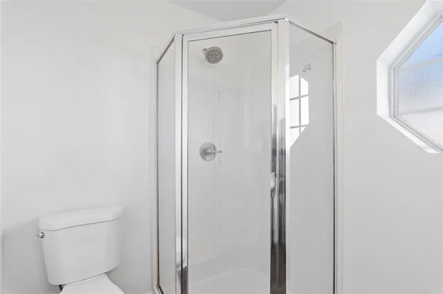 a bathroom with a shower and a toilet