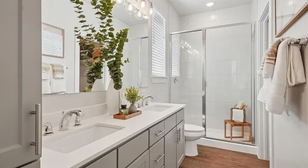 a bathroom with a sink a toilet and a large mirror