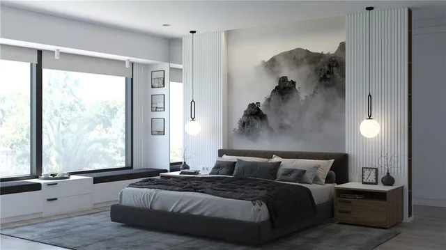 a spacious bedroom with a bed and a large window