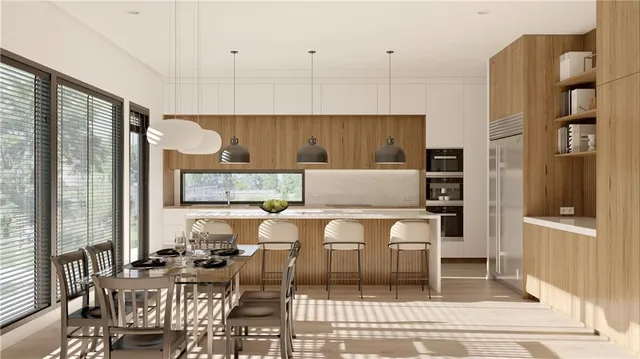 a view of a dining room with furniture
