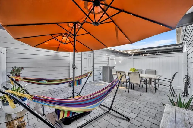 an outdoor space with seating