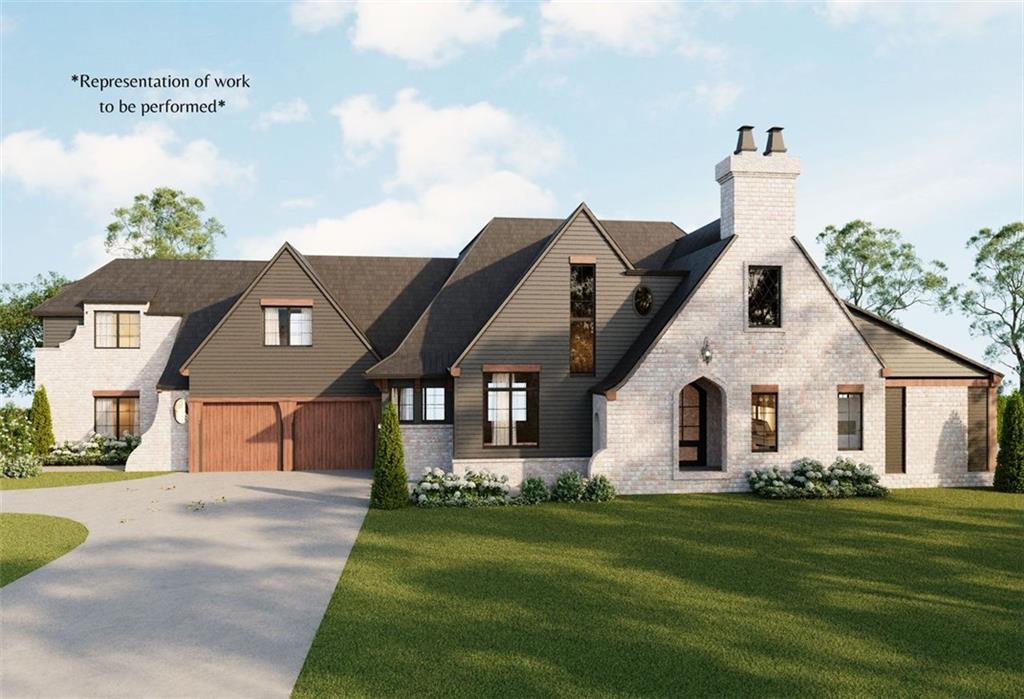 a view of a white house with a big yard and potted plants