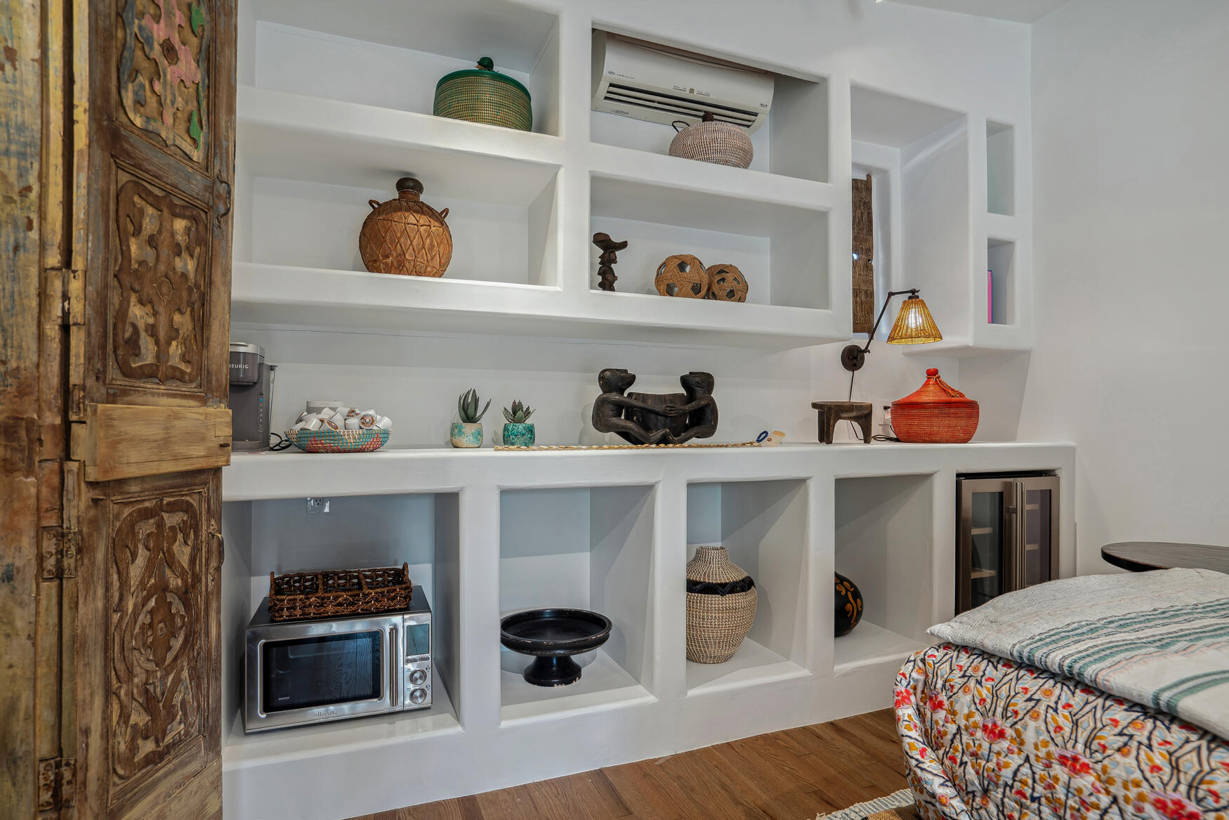 71607 Sahara Road Rancho Mirage, CA 92270 - Photo 52 of 118 a bedroom with a bed and a shelf with wooden floor