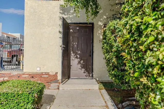 a view of a pathway with a potted plants