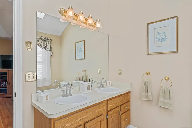a bathroom with a sink vanity and a mirror