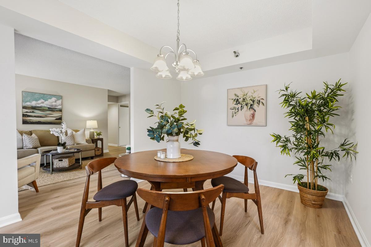 14801 Pennfield Circle, Unit 203 Silver Spring, MD 20906 - Photo 3 of 51 a dining room with furniture potted plants and wooden floor