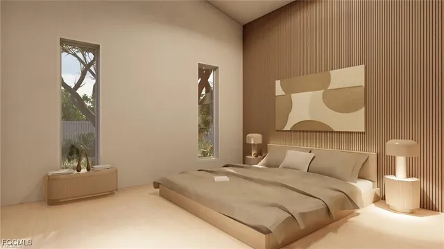 a bedroom with a bed and a mirror